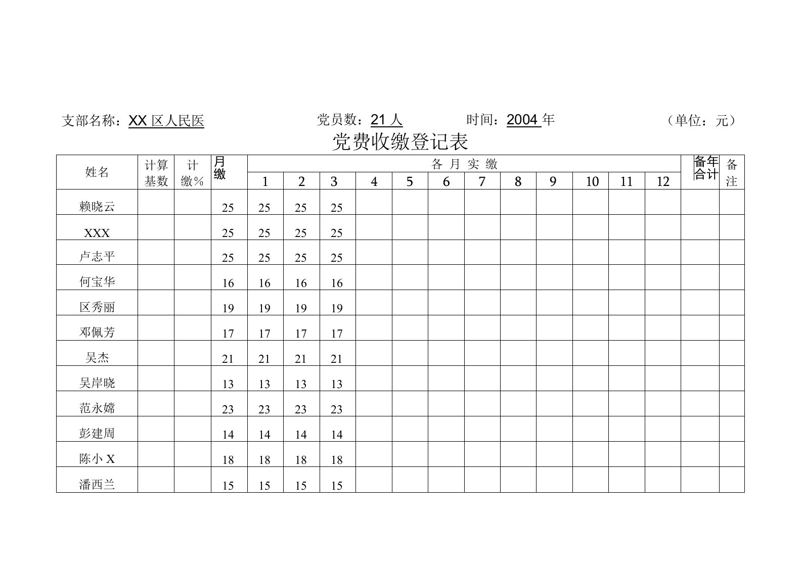 党费收缴登记表