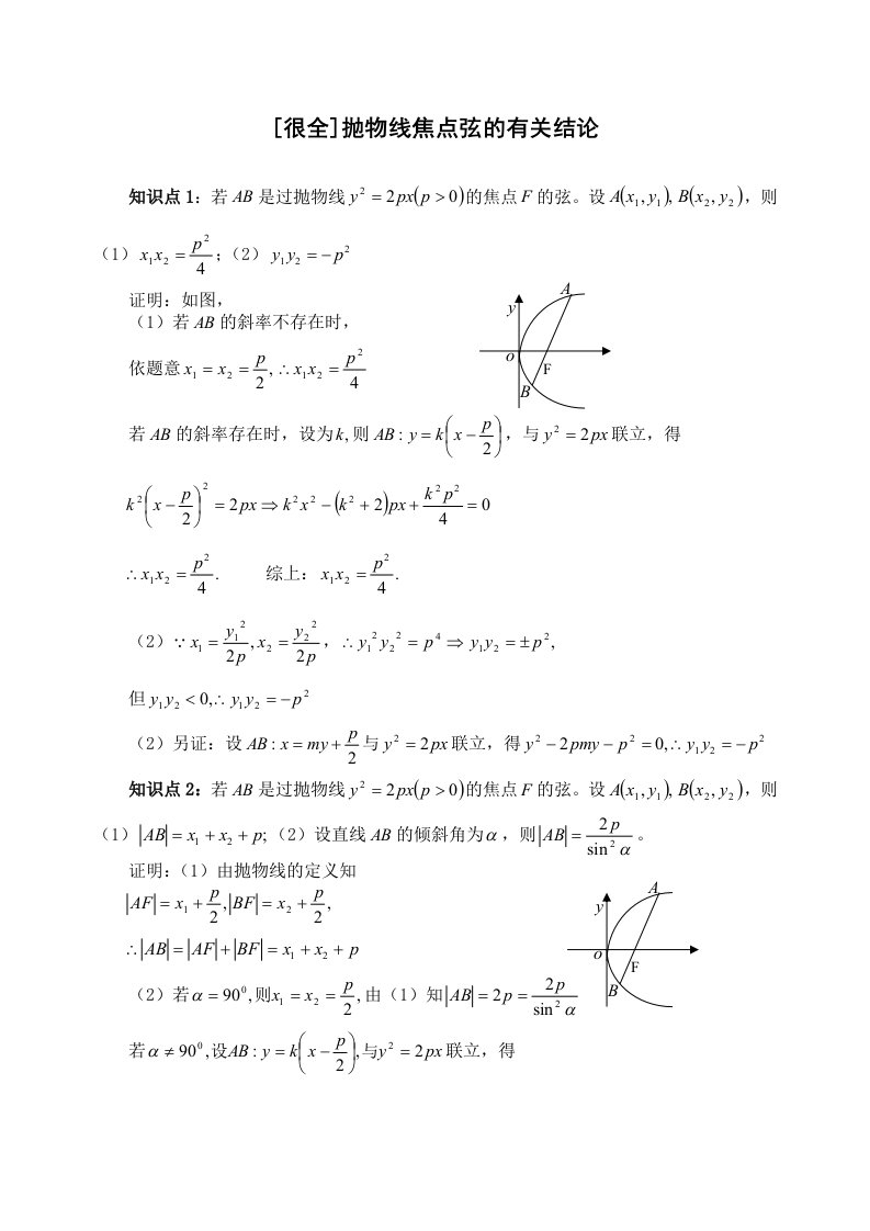 很全抛物线焦点弦的有关结论附答案