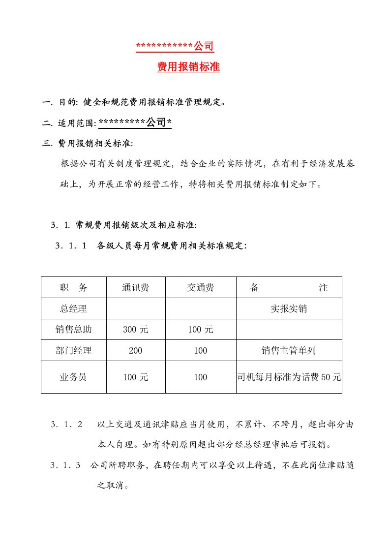 公司费用报销标准管理规定