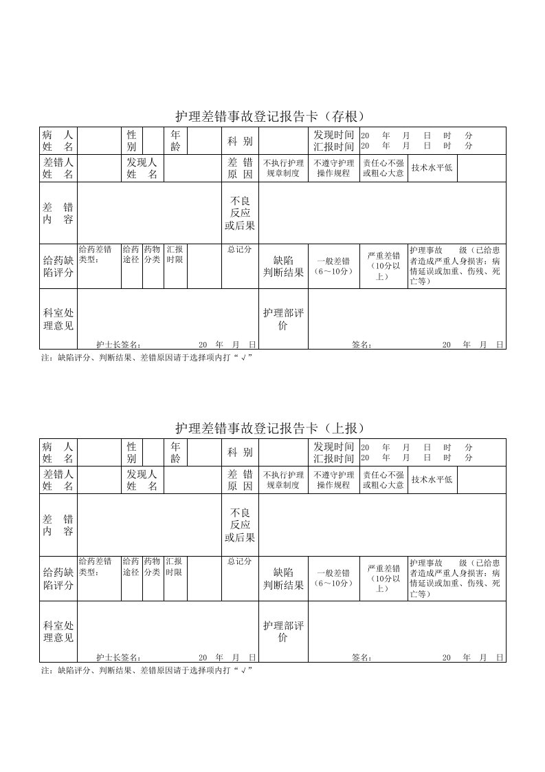 护理差错事故登记表