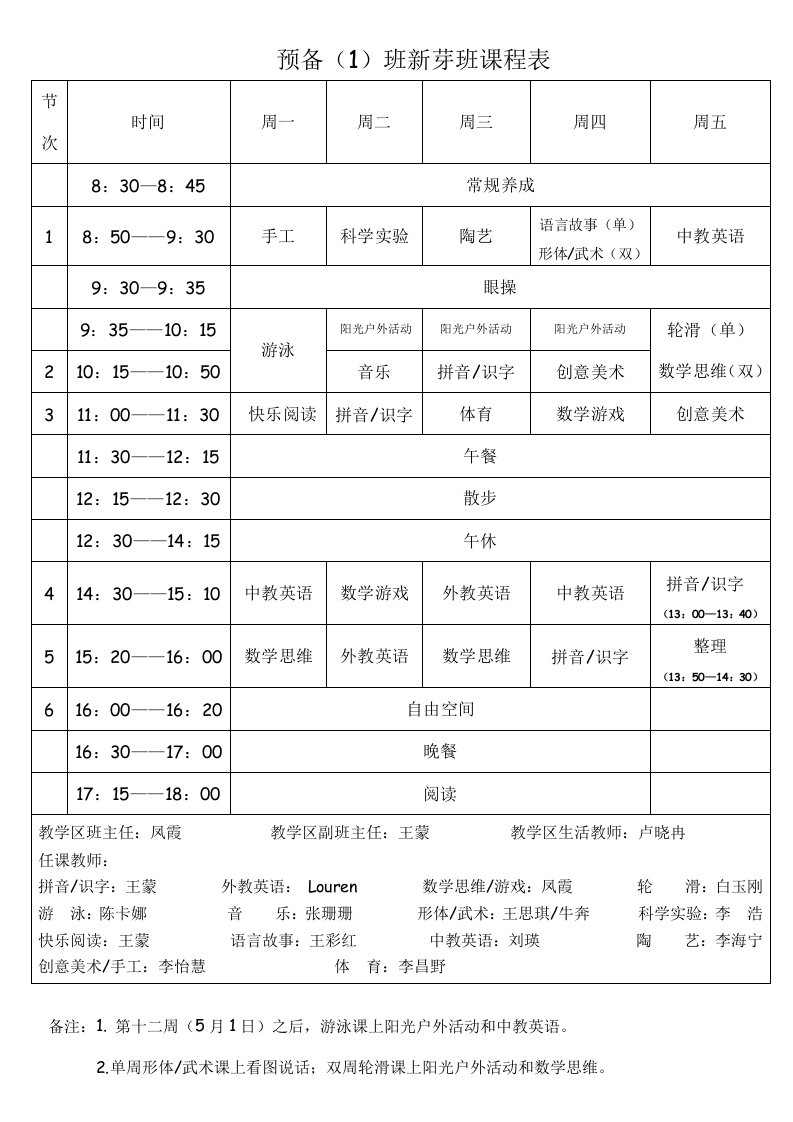 预备(1)班新芽班课程表