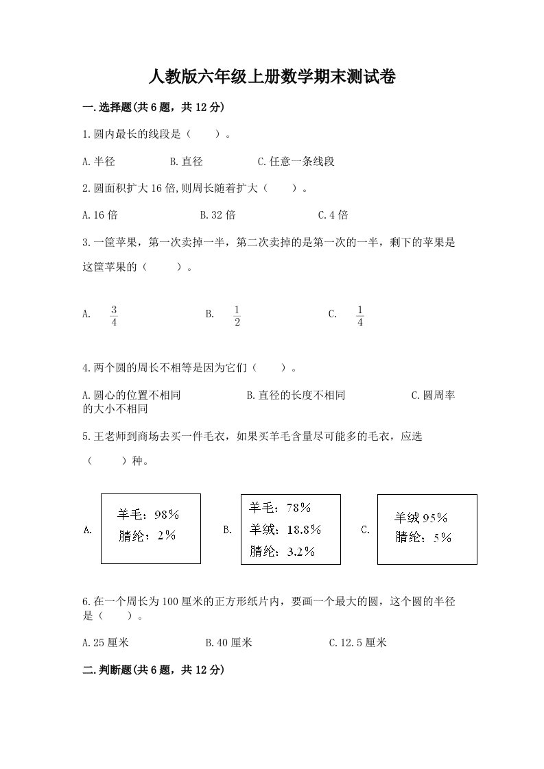 人教版六年级上册数学期末测试卷及完整答案（各地真题）