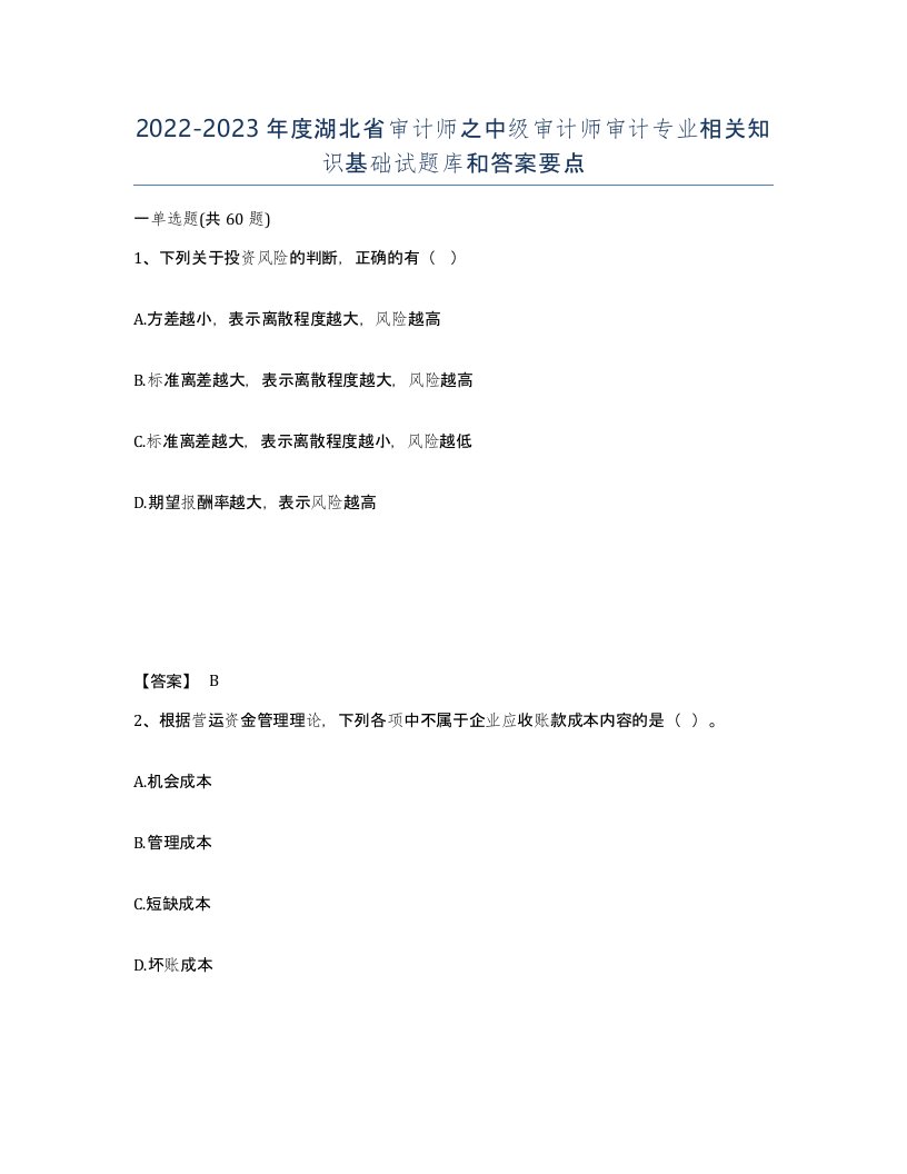 2022-2023年度湖北省审计师之中级审计师审计专业相关知识基础试题库和答案要点