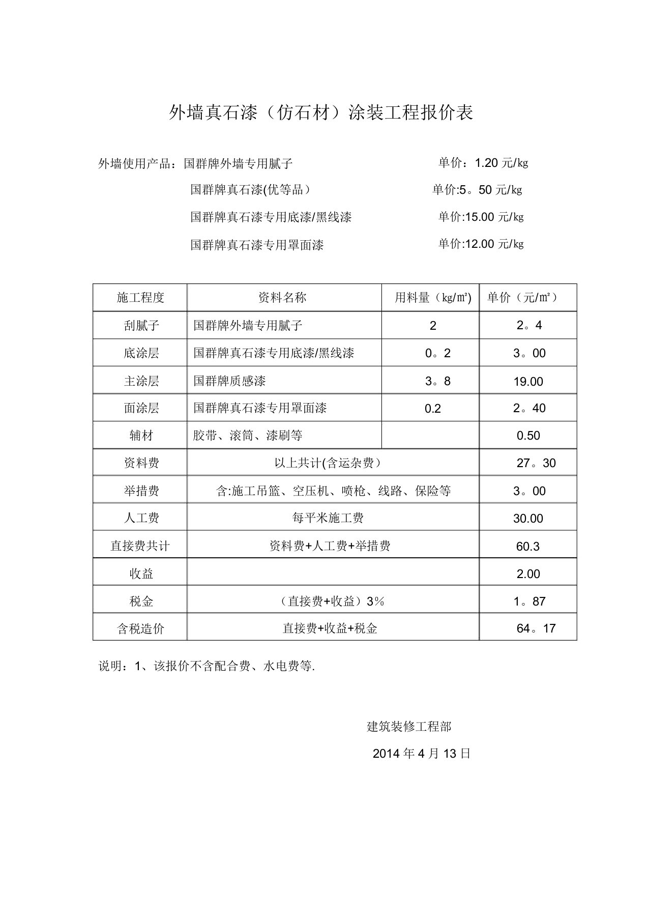 外墙真石漆工程报价表