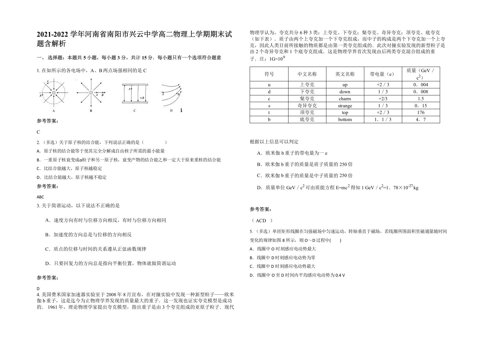 2021-2022学年河南省南阳市兴云中学高二物理上学期期末试题含解析