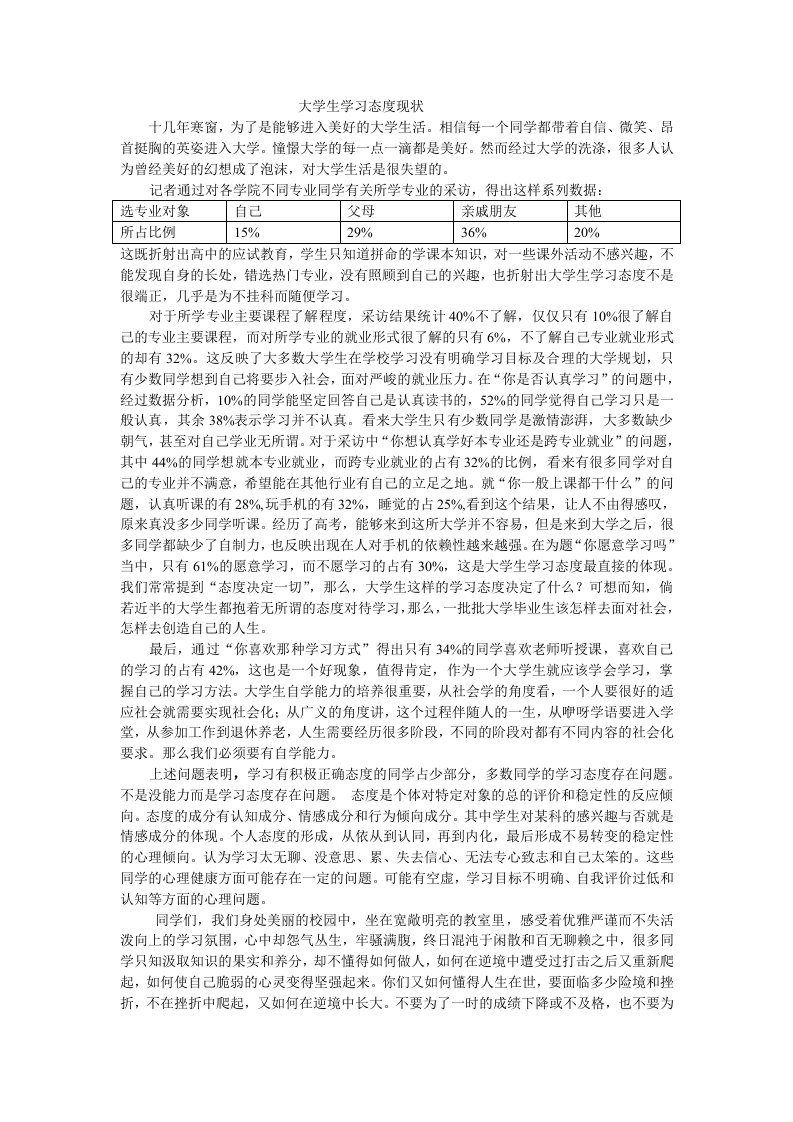 大学生学习态度现状