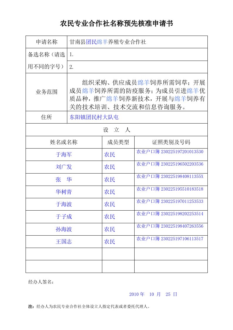 农民专业合作社登记文书格式规范表样