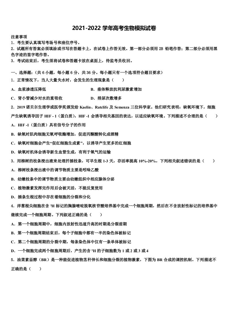 福建省福州市长乐高级中学2021-2022学年高三一诊考试生物试卷含解析