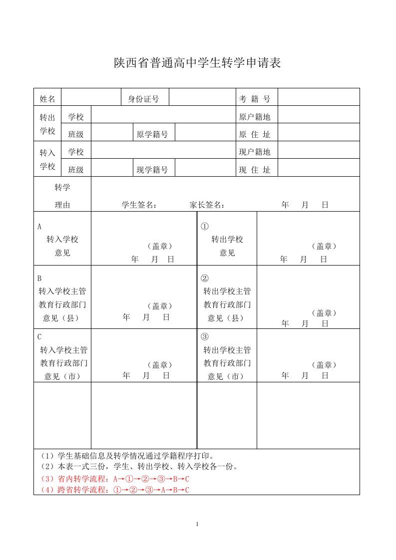 陕西省普通高中学生转学申请表