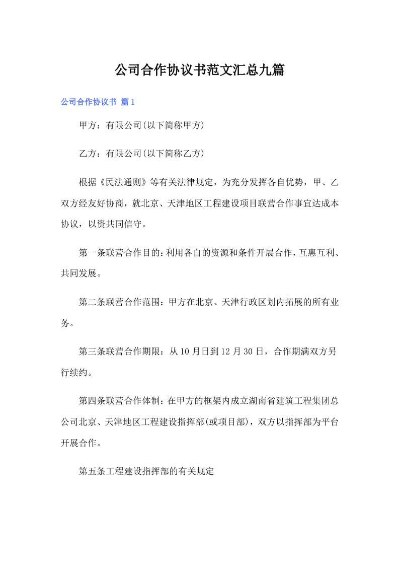 公司合作协议书范文汇总九篇