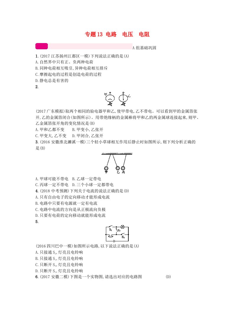 中考物理总复习专题13电路　电压　电阻新人教版