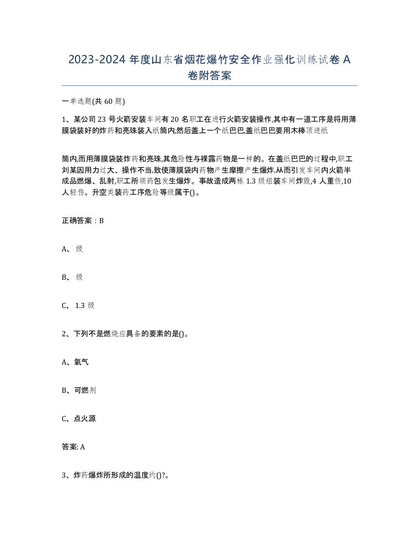 20232024年度山东省烟花爆竹安全作业强化训练试卷A卷附答案