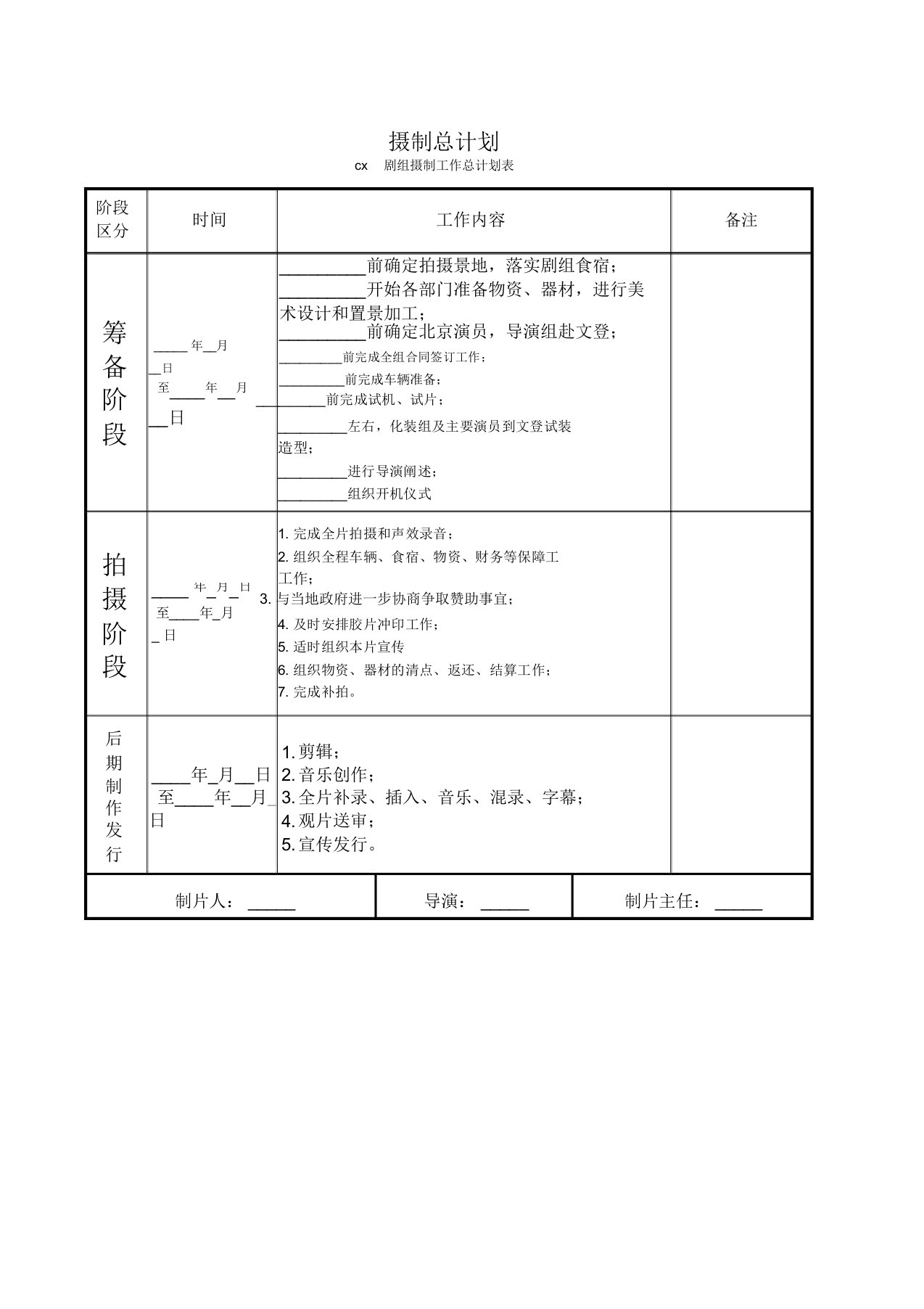 微电影拍摄总计划表