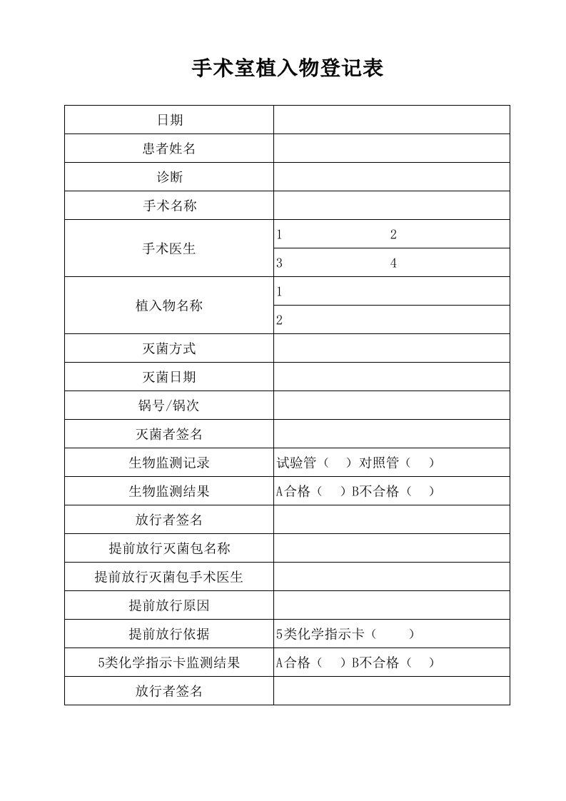 手术室植入物登记表