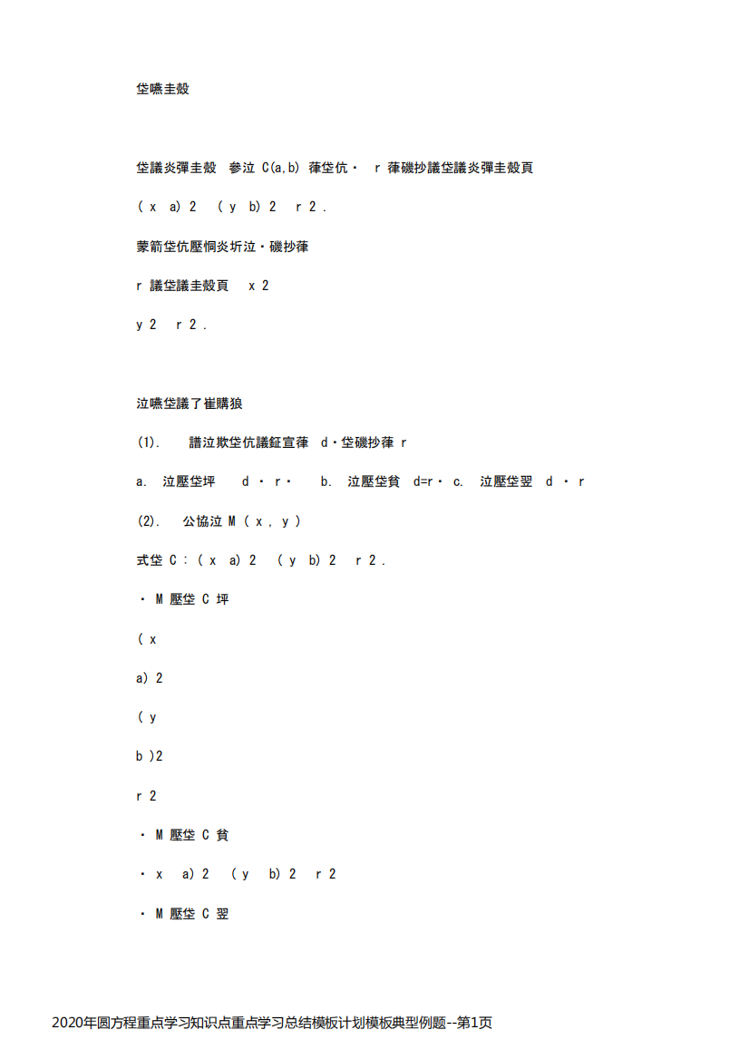 2020年圆方程重点学习知识点重点学习总结模板计划模板典型例题