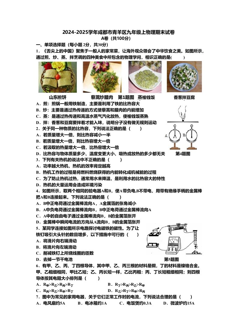 2024-2025学年成都市青羊区九年级上物理期末试卷word