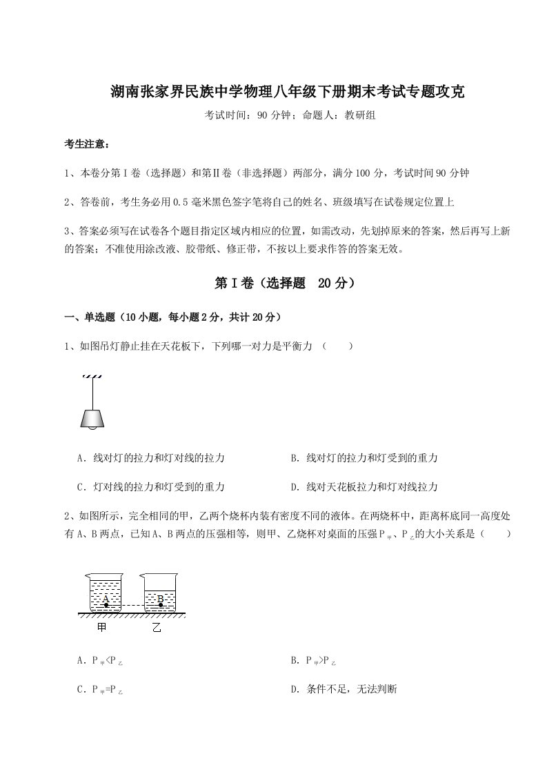 2023-2024学年湖南张家界民族中学物理八年级下册期末考试专题攻克练习题（解析版）