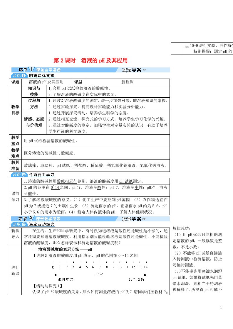 2023九年级化学下册第十单元酸和碱课题2酸和碱的中和反应第2课时溶液的pH及其应用导学案新版新人教版