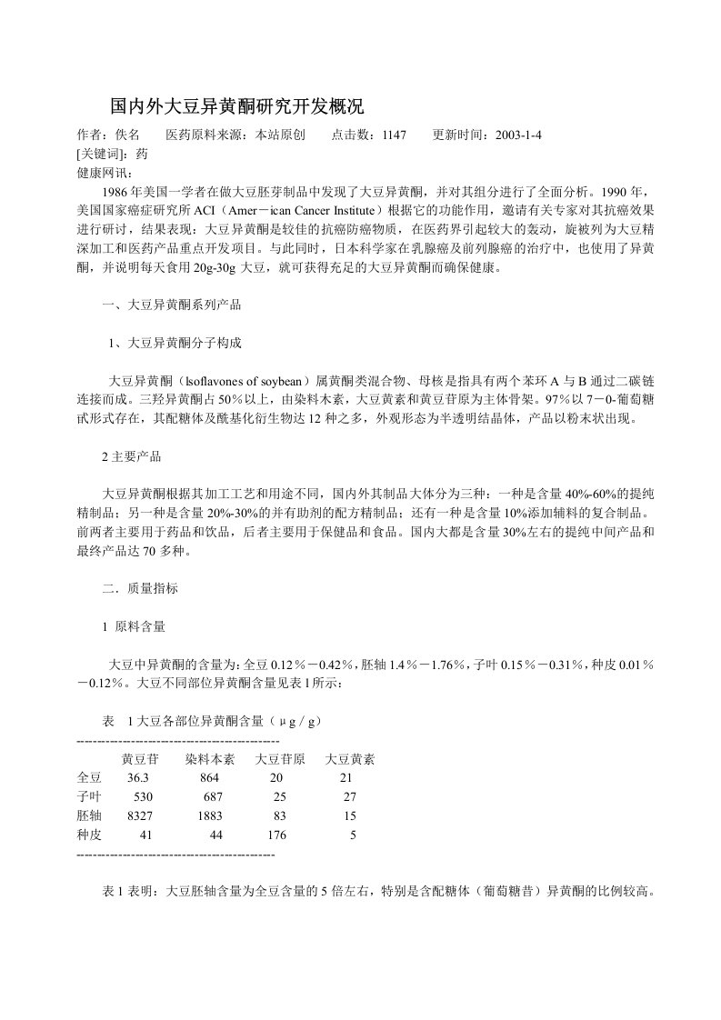 国内外大豆异黄酮研究开发概况