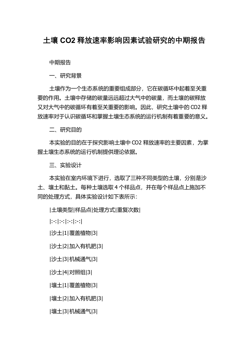 土壤CO2释放速率影响因素试验研究的中期报告