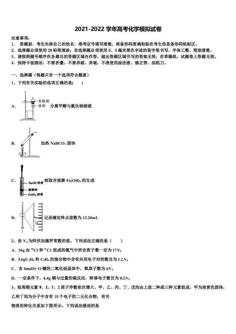 2022年湛江市徐闻中学高三下学期一模考试化学试题含解析