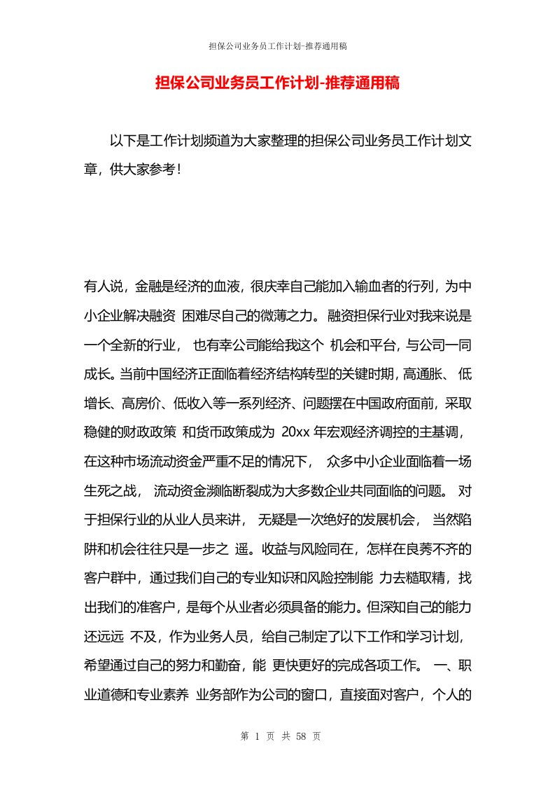 担保公司业务员工作计划