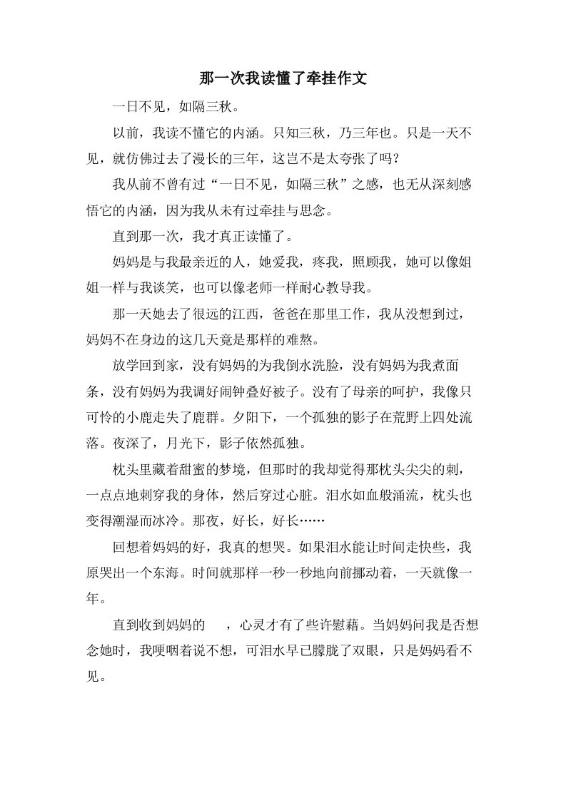 那一次我读懂了牵挂作文