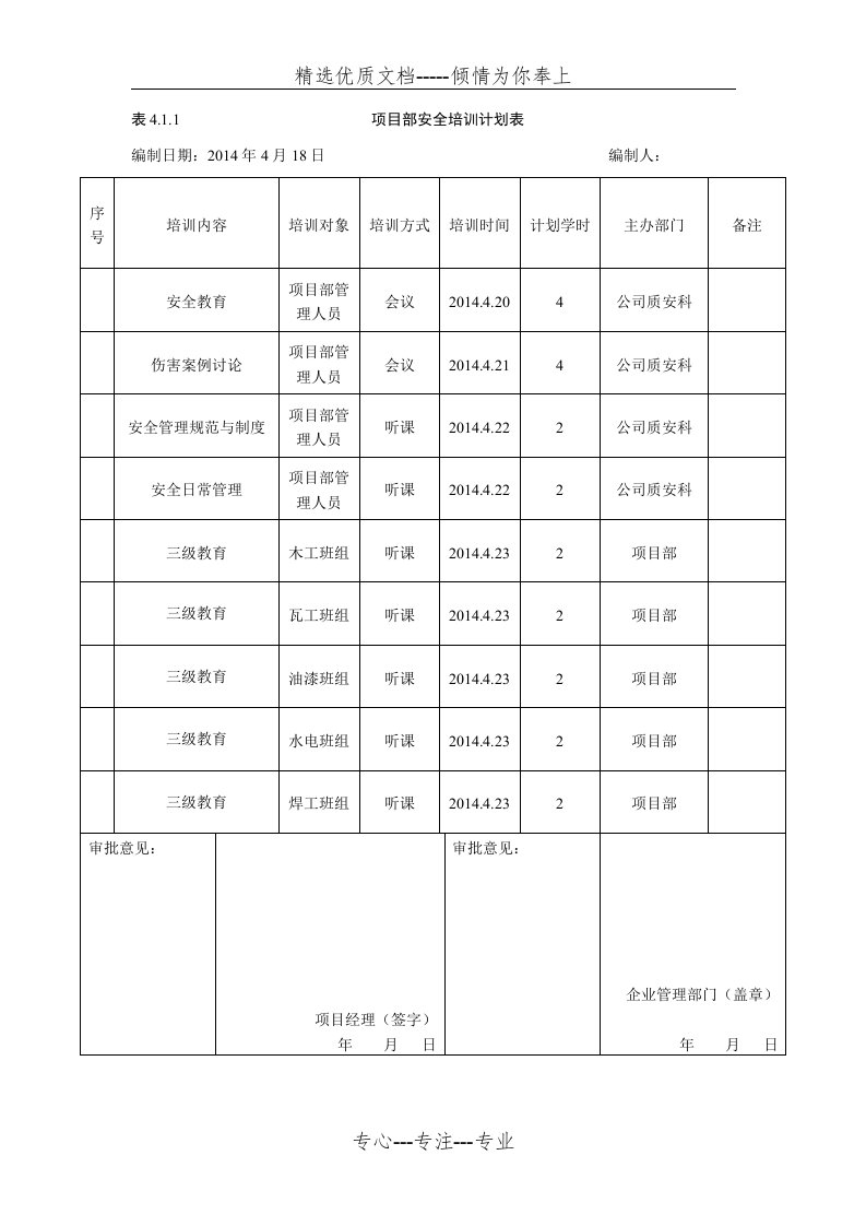 项目部安全培训计划表(共5页)