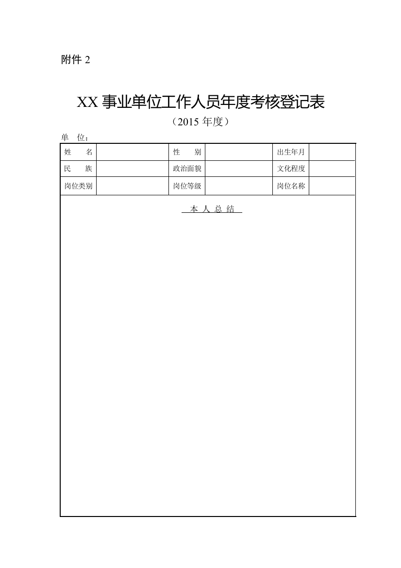 2015年年度考核登记表