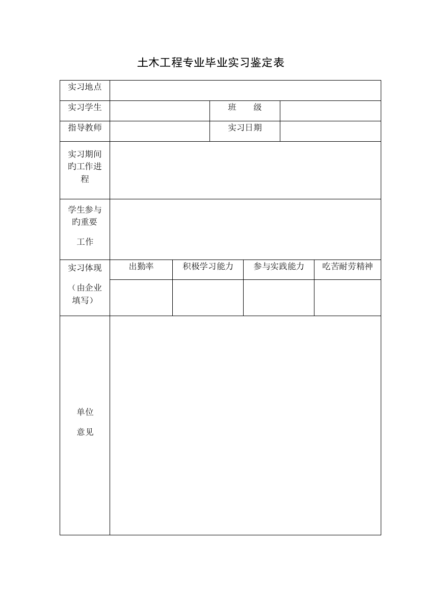 土木工程专业毕业实习鉴定表