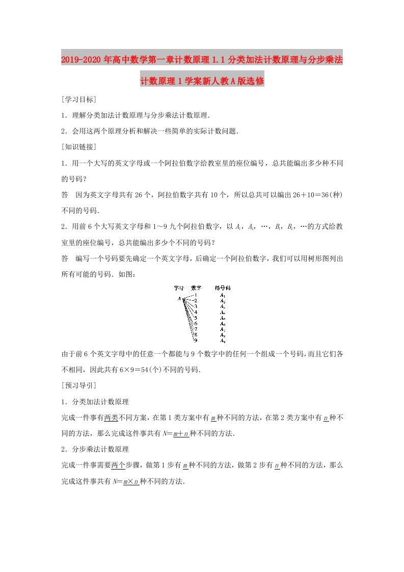 2019-2020年高中数学第一章计数原理1.1分类加法计数原理与分步乘法计数原理1学案新人教A版选修