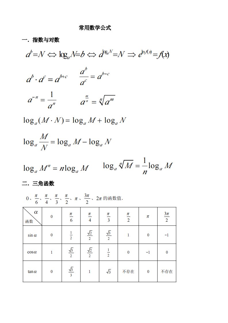 成人高考常用数学公式