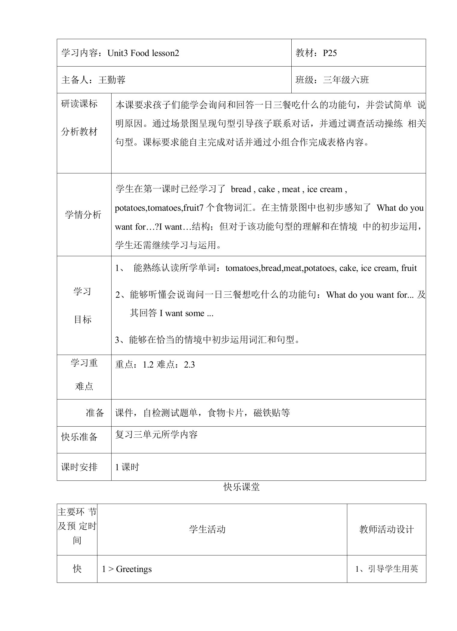 小学英语人教新起点三年级上册（2022年更新）Unit3Food教案学校版