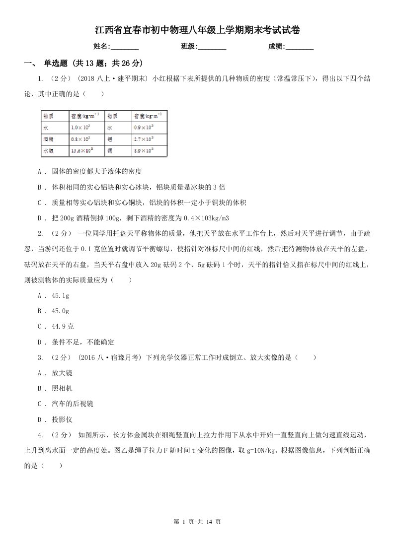 江西省宜春市初中物理八年级上学期期末考试试卷