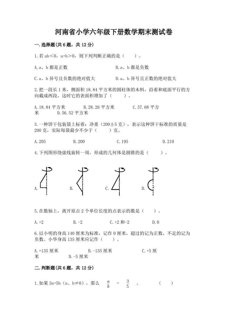 河南省小学六年级下册数学期末测试卷【精练】