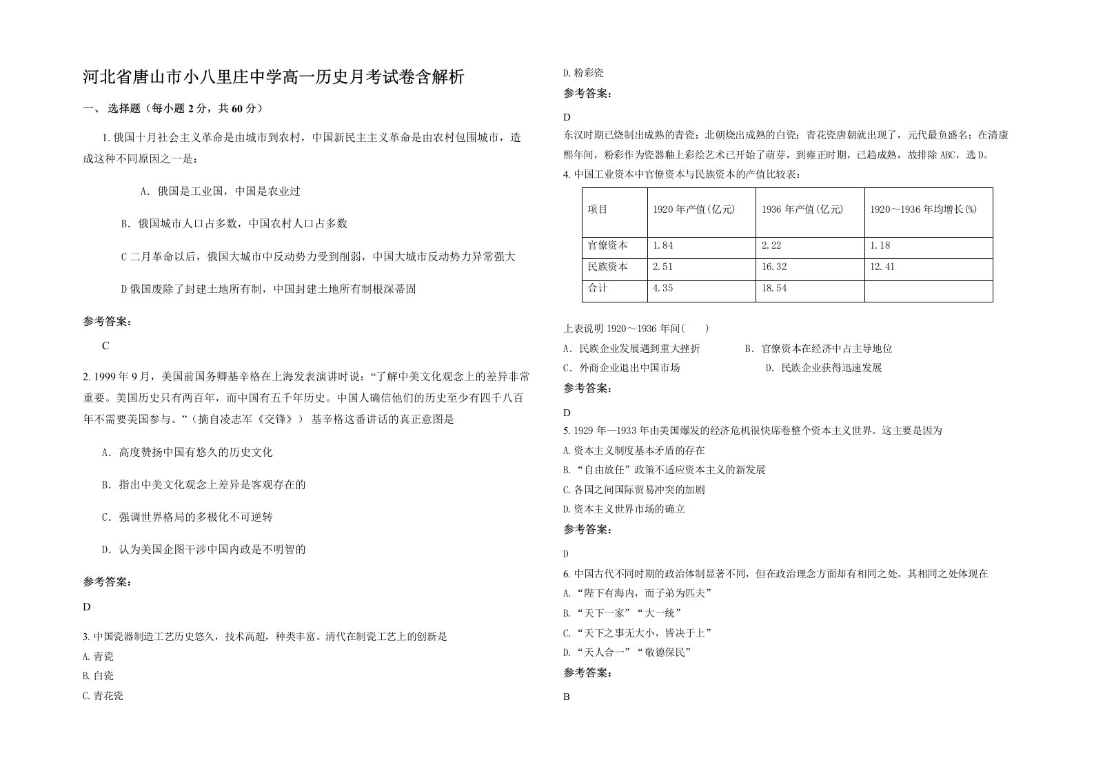 河北省唐山市小八里庄中学高一历史月考试卷含解析