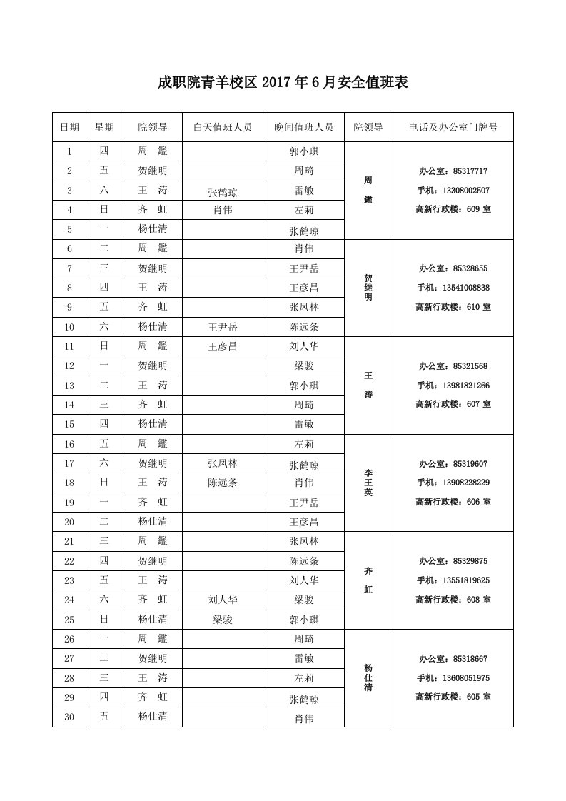 成职院青羊校区2017年6月安全值班表