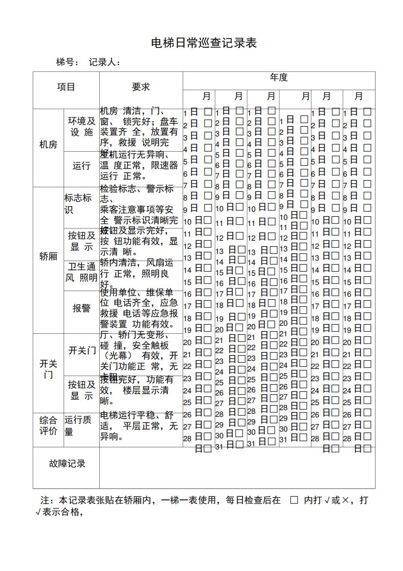 电梯日常巡查记录表doc