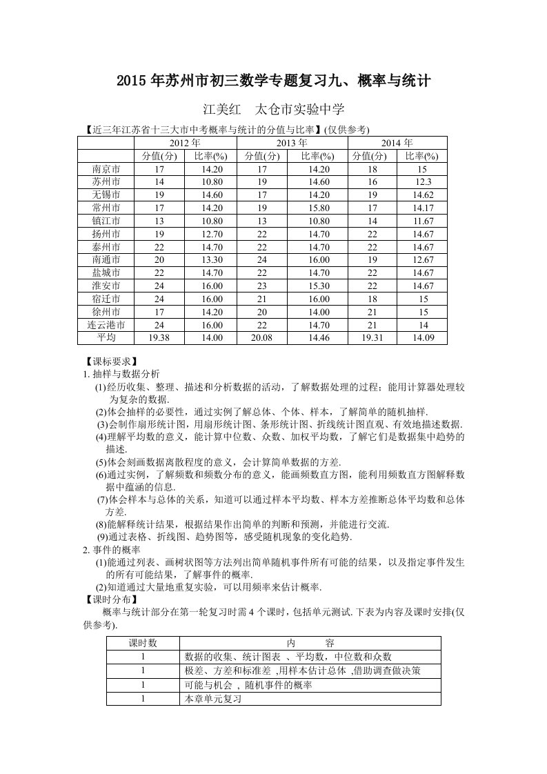 江苏省苏州市2015年中考数学专题复习九、概率与统计