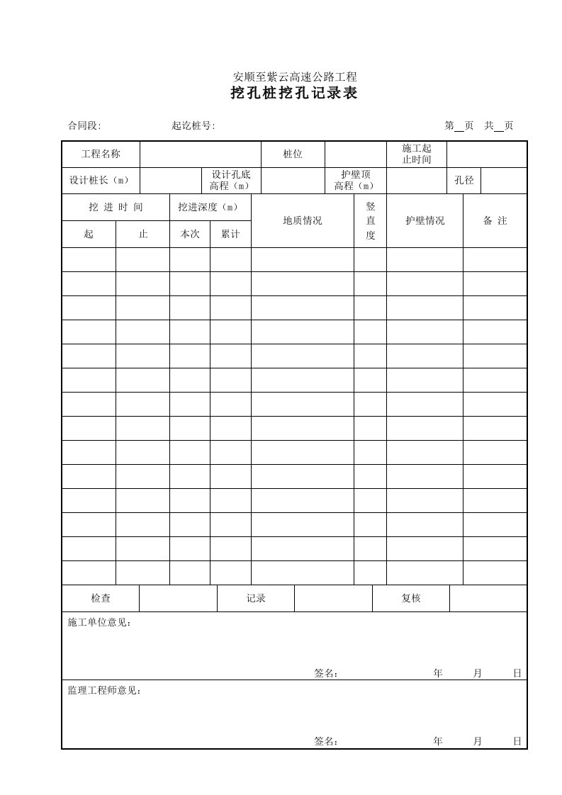 挖孔桩挖孔记录表