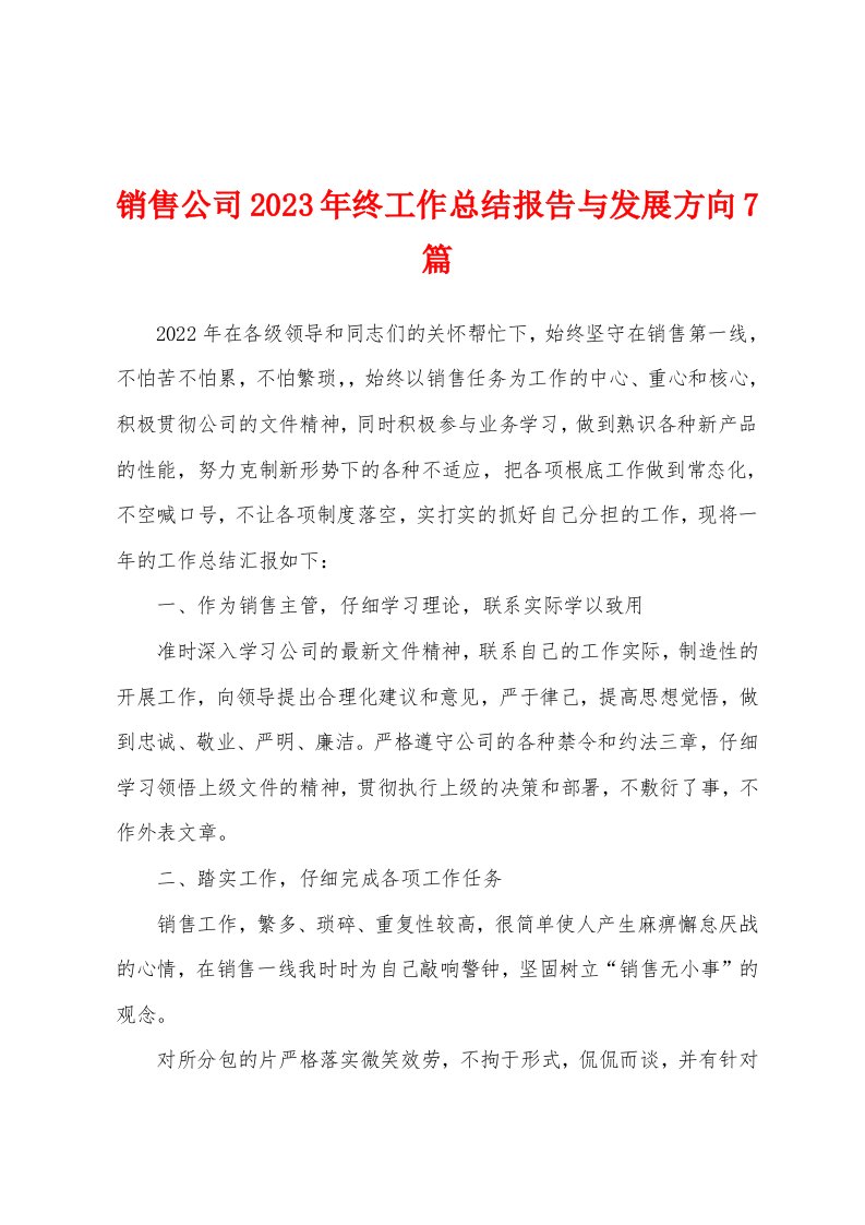 销售公司2023年终工作总结报告与发展方向