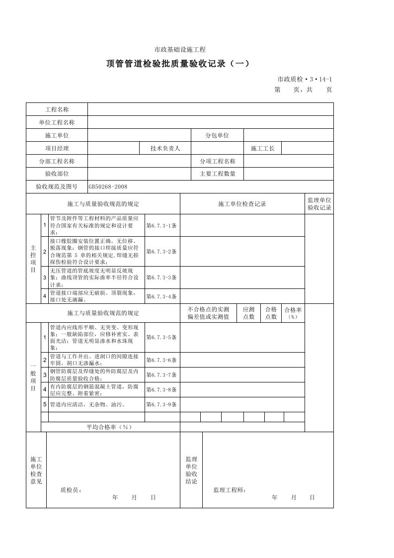 建筑工程-3314A顶管管道检验批质量验收记录一