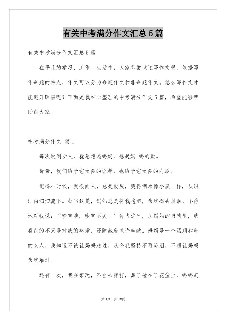 有关中考满分作文汇总5篇例文