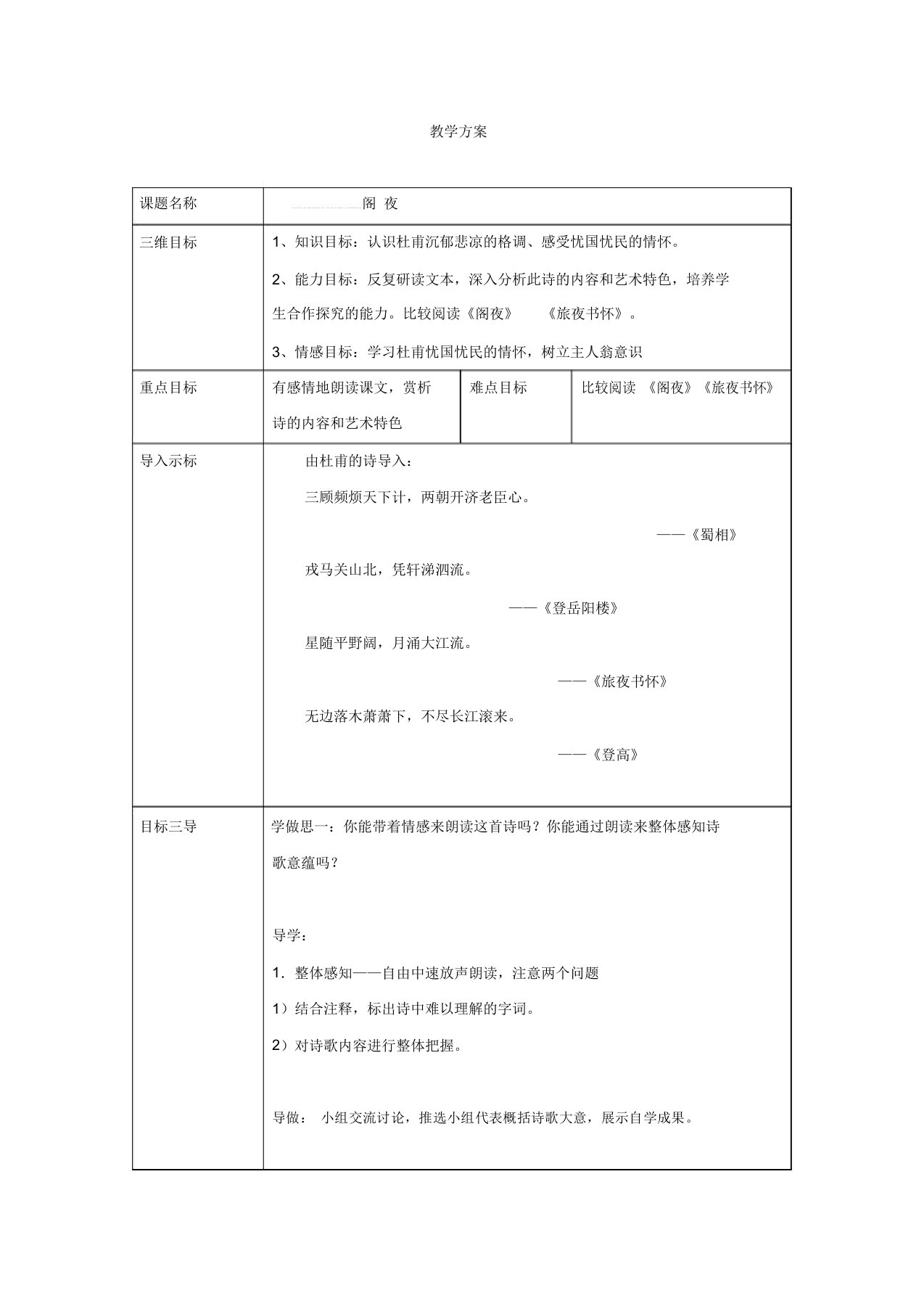 20162017学年人教版高二语文选修《中国古代诗歌散文欣赏》教案：3.2阁夜