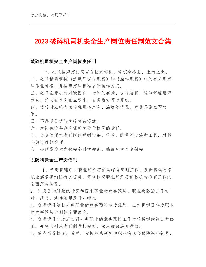 2023破碎机司机安全生产岗位责任制范文合集