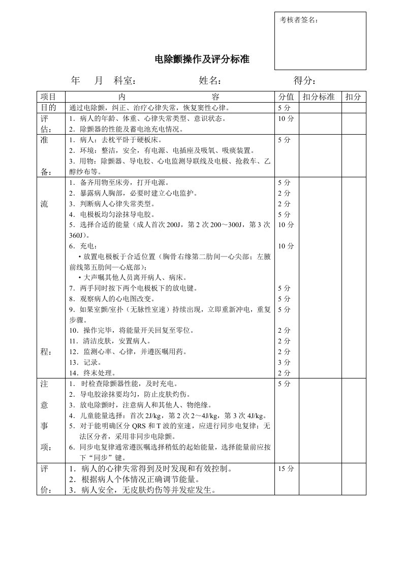 电除颤操作及评分标准