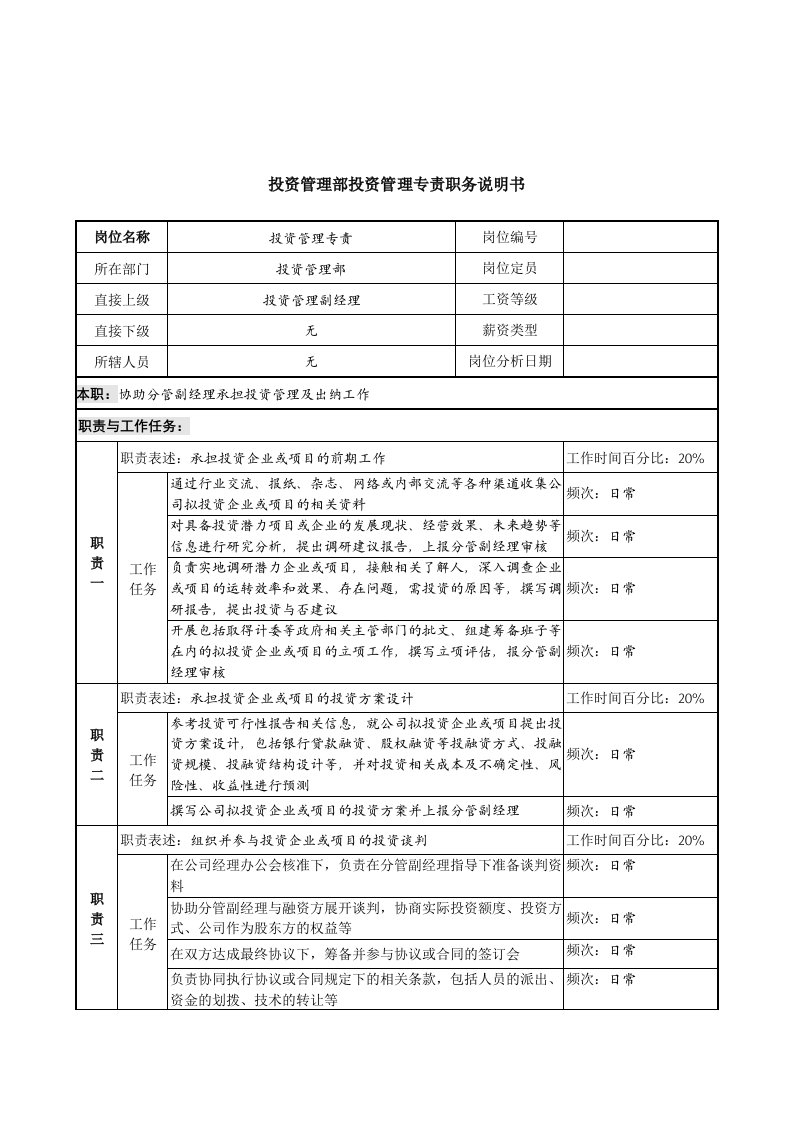 信托投资公司投资管理部投资管理专责职务说明书