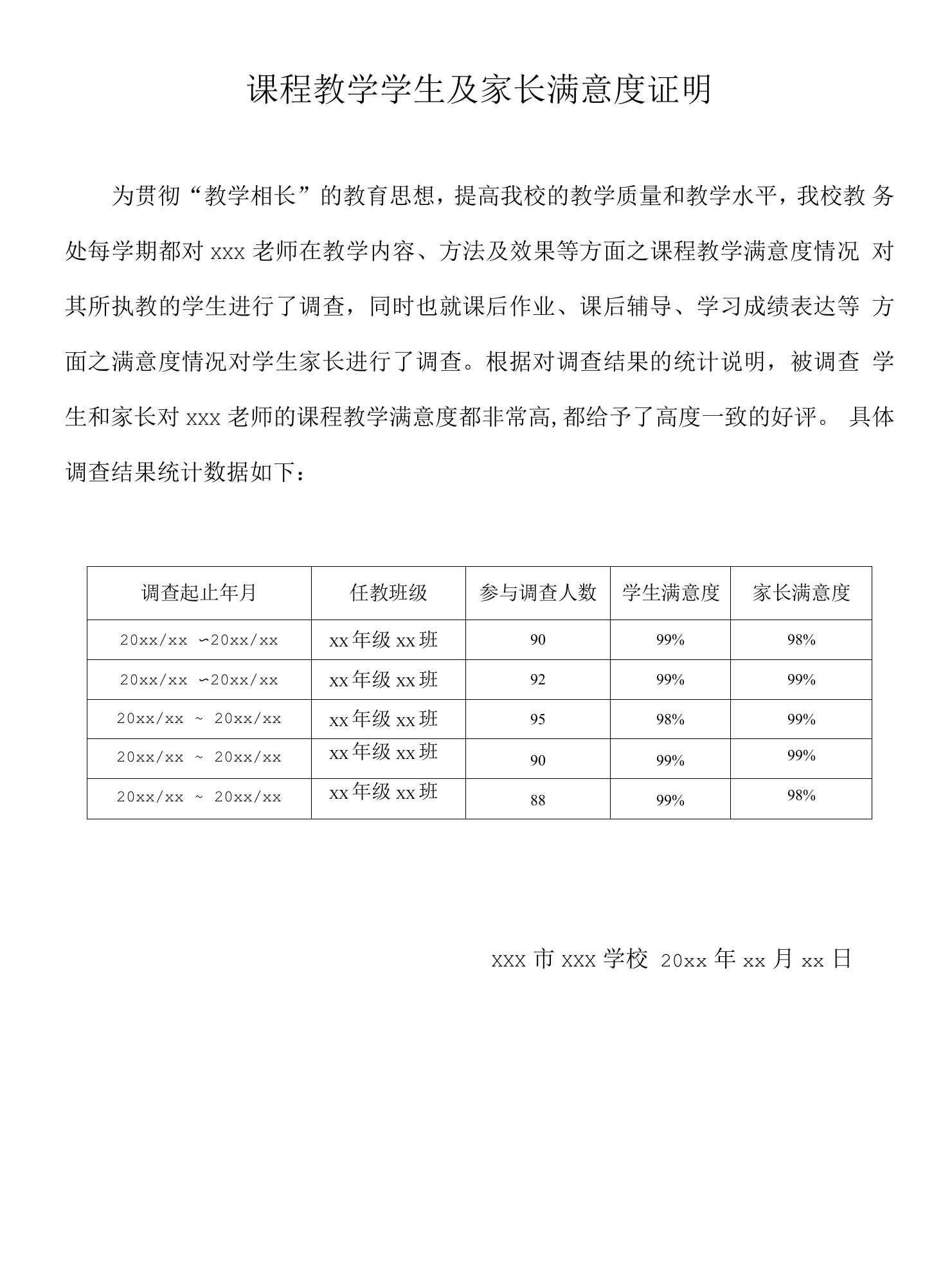 课程教学学生及家长满意度证明