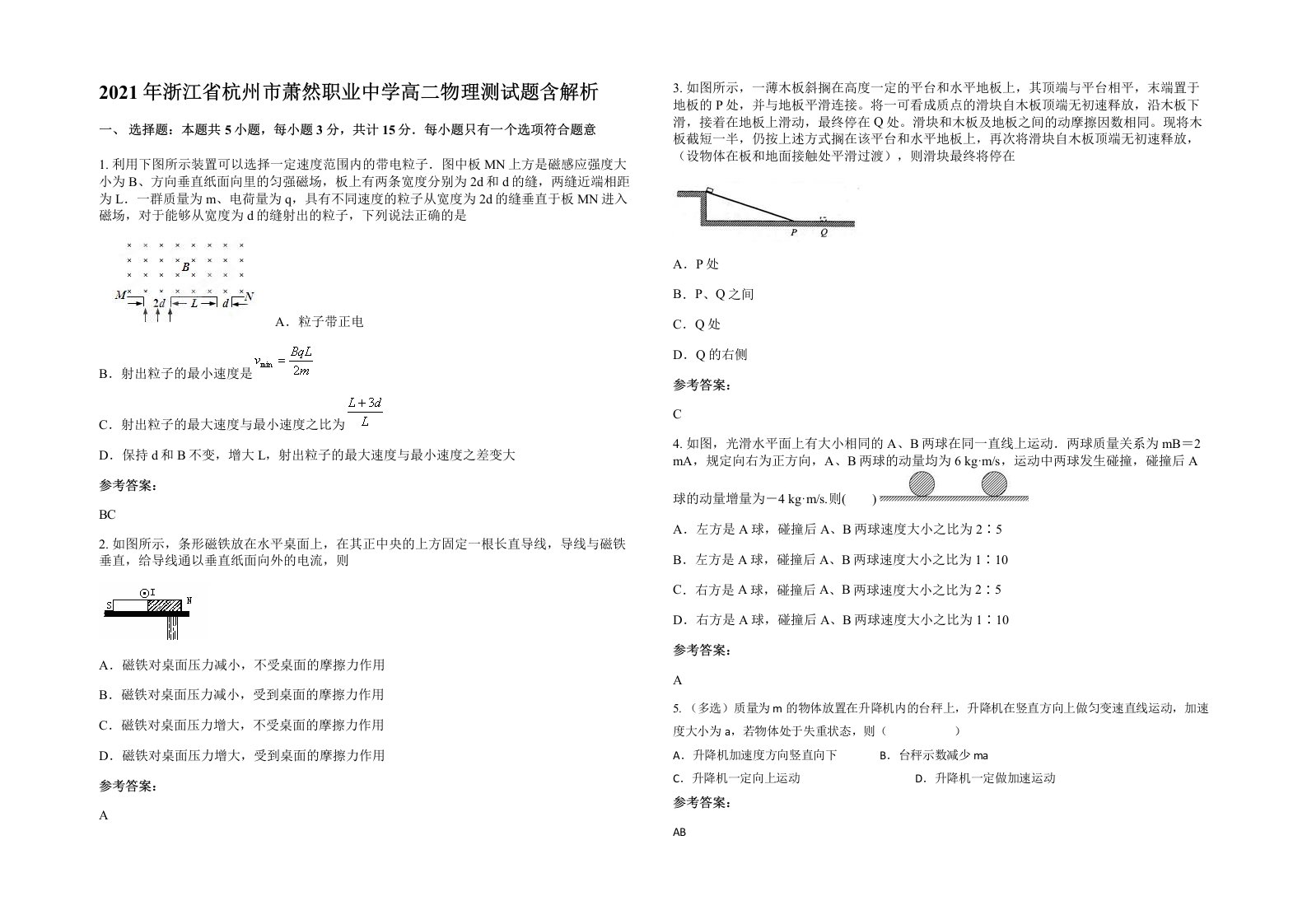 2021年浙江省杭州市萧然职业中学高二物理测试题含解析