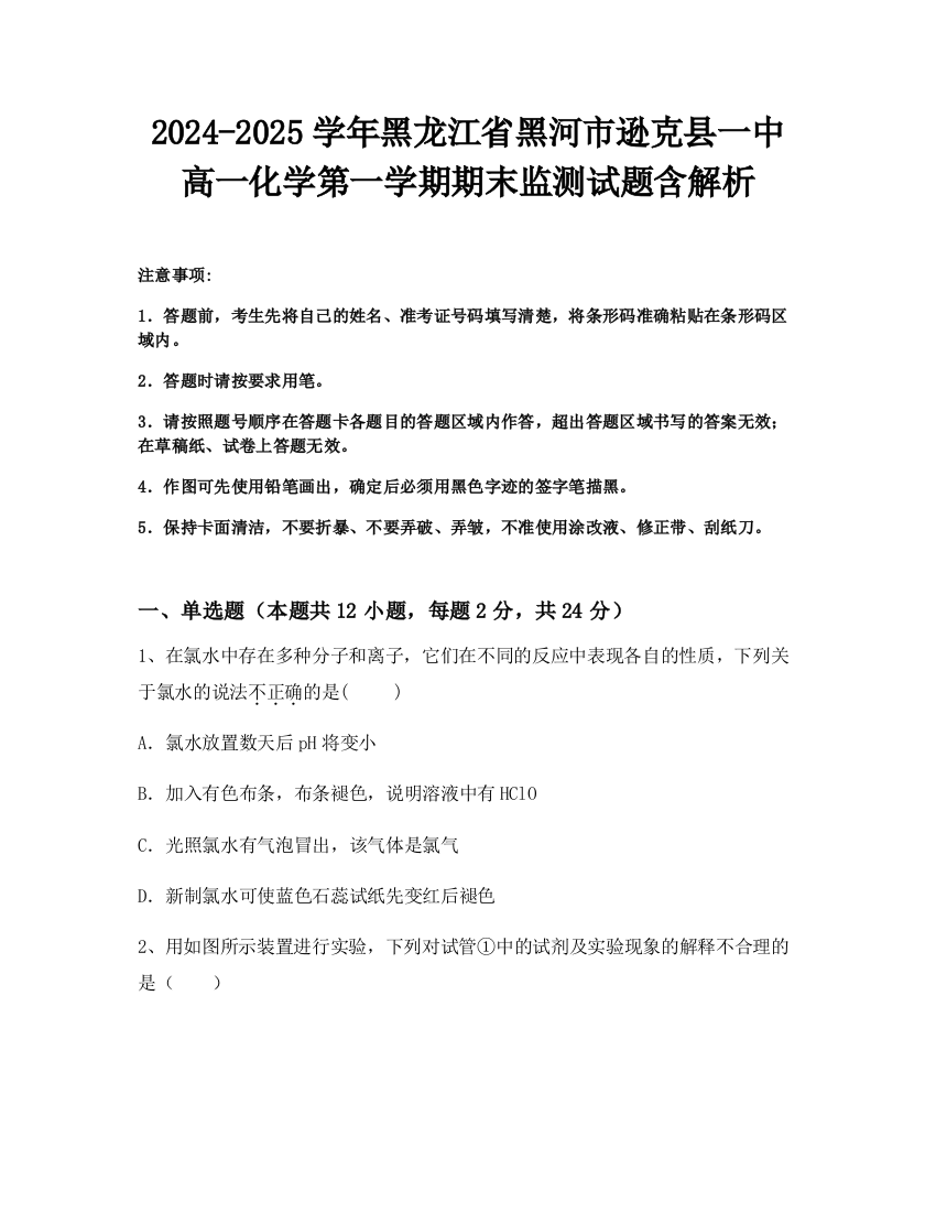 2024-2025学年黑龙江省黑河市逊克县一中高一化学第一学期期末监测试题含解析